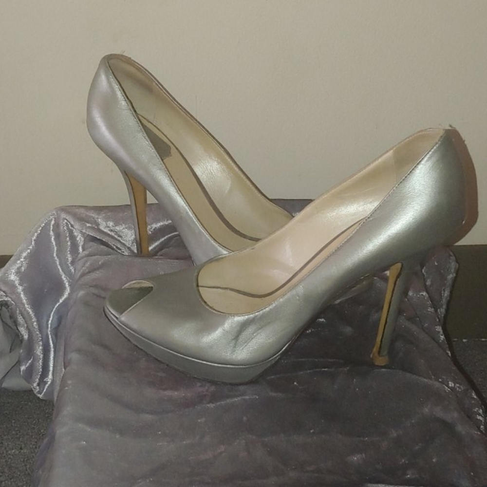 Christian Dior opentoe silver metallic stilettos